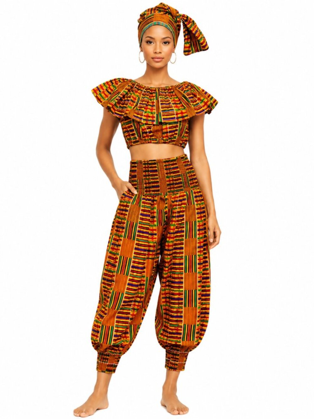 African Kente Print 3 Piece Pants Set for Women with Headwrap – Ruffle Crop Top